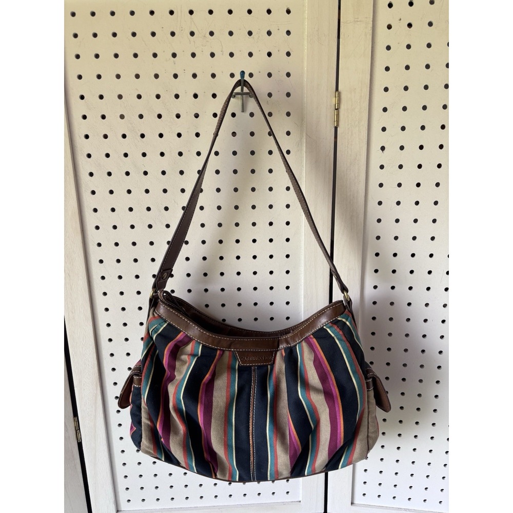 Caribbean Joe Striped Purse Shoulder Bag Navy Purple Beige 3 Sections
